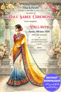 Traditional Half Saree Ceremony Invitation with Elegant Floral Decor and Vibrant Indian Attire Design