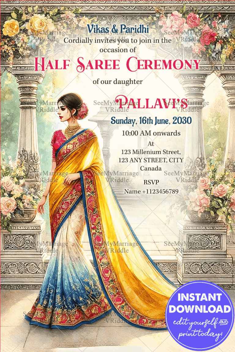 Traditional Half Saree Ceremony Invitation with Elegant Floral Decor and Vibrant Indian Attire Design