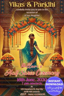 Traditional Half Saree Ceremony Invitation with Vibrant Floral Decor and Golden Temple-Inspired Design