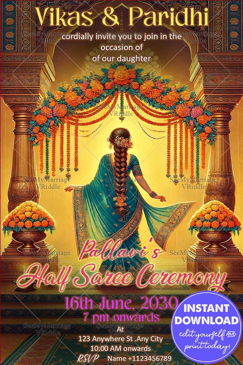 Traditional Half Saree Ceremony Invitation with Vibrant Floral Decor and Golden Temple-Inspired Design