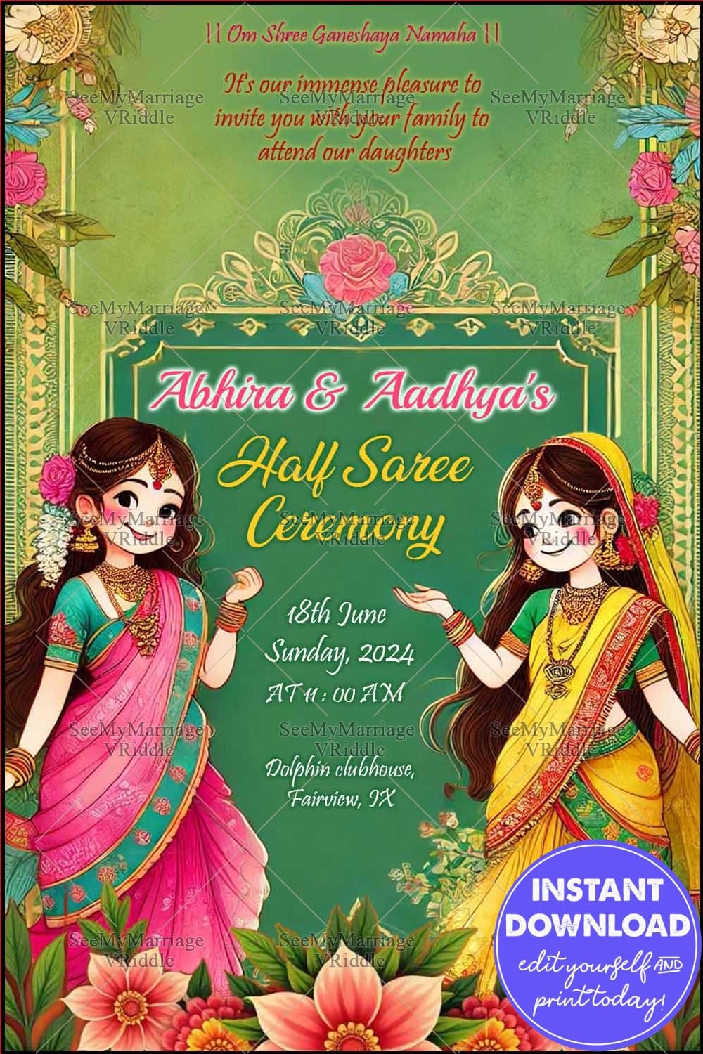 Traditional Half Saree Ceremony Invitation with Vibrant Illustrations and Floral Motifs in Green Tones