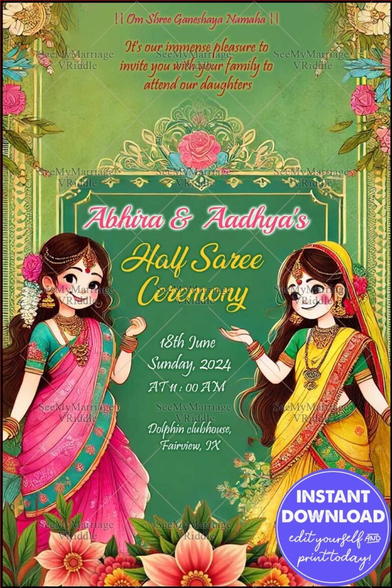 Traditional Half Saree Ceremony Invitation with Vibrant Illustrations and Floral Motifs in Green Tones