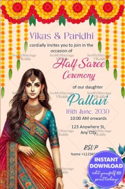 Traditional Half Saree Invitation with Marigold Garlands, Floral Accents and Girl Illustration