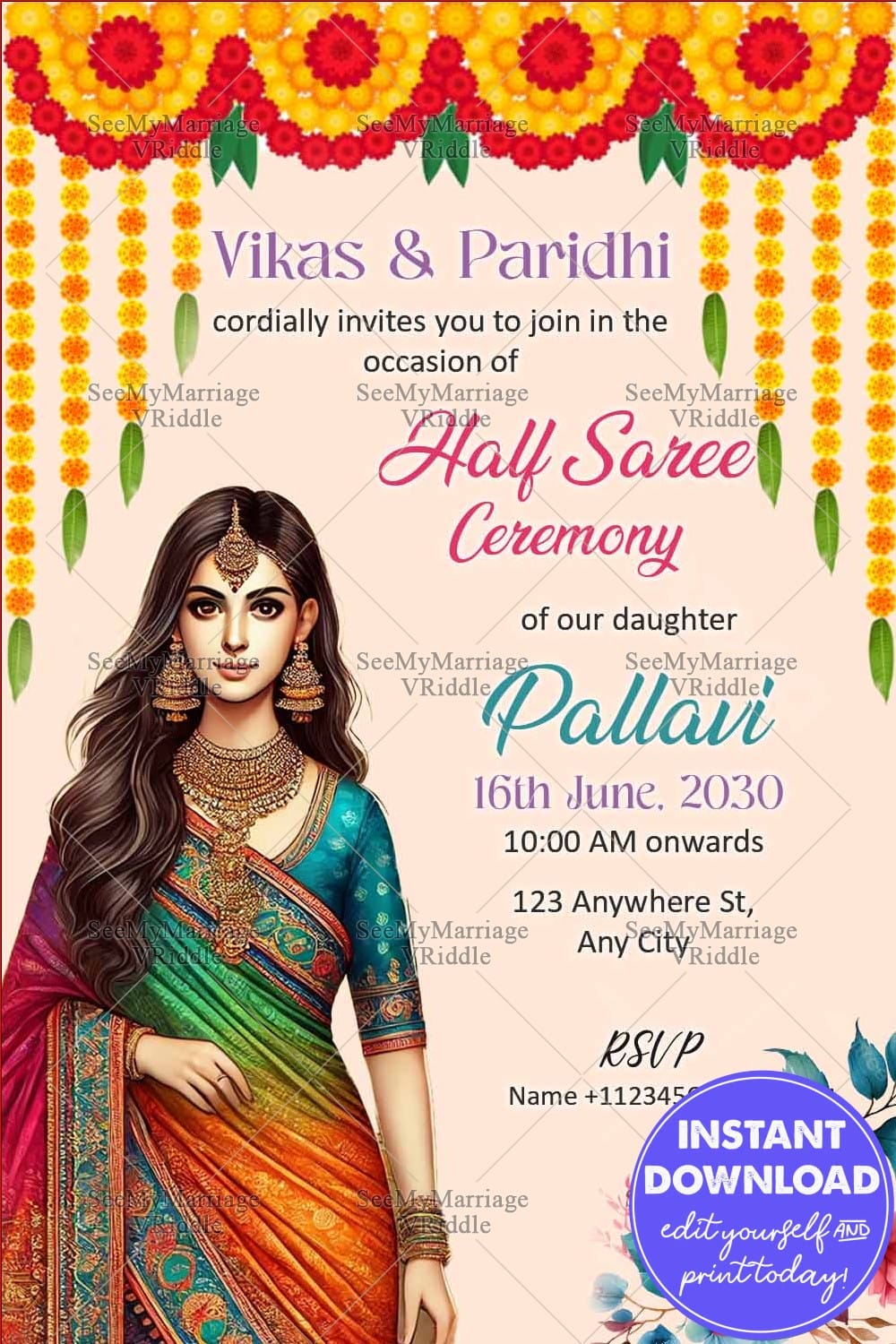 Traditional Half Saree Invitation with Marigold Garlands, Floral Accents and Girl Illustration