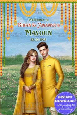 Traditional Mayoun Event Banner Featuring Yellow Attire Couple, Marigold Garlands, and a Scenic Garden Background