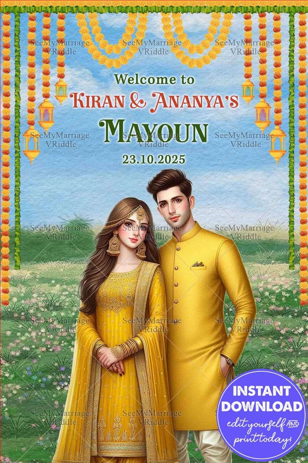 Traditional Mayoun Event Banner Featuring Yellow Attire Couple, Marigold Garlands, and a Scenic Garden Background
