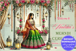 Traditional Mehndi Ceremony Welcome Banner with Stunning Vibrant Florals and Bride Illustration
