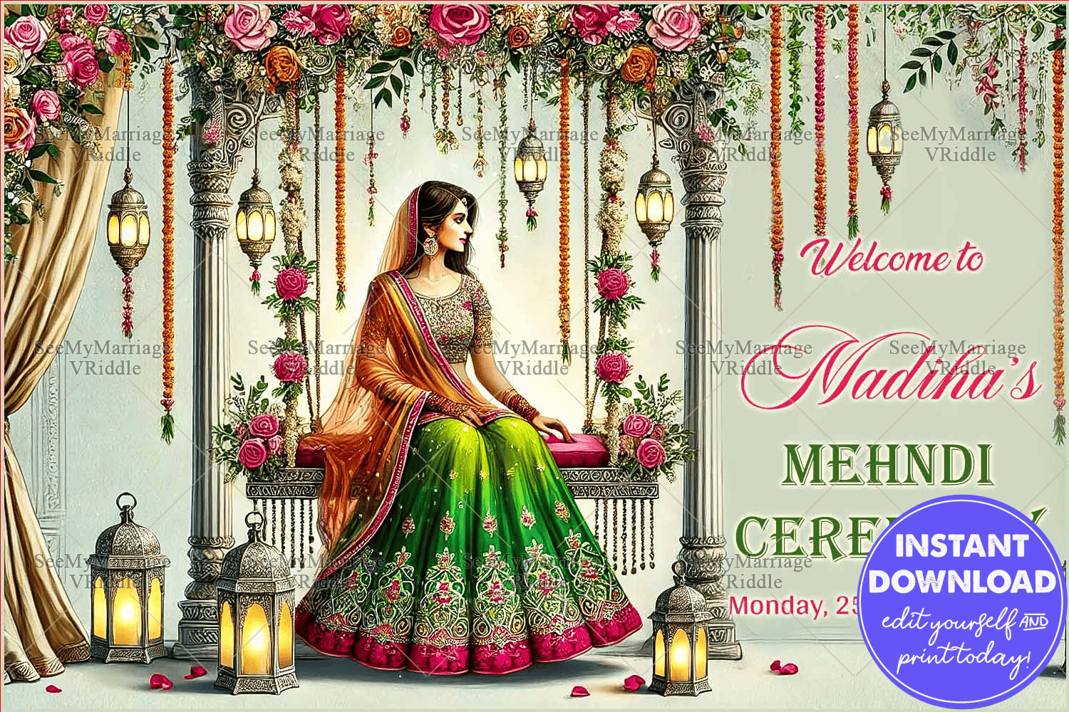 Traditional Mehndi Ceremony Welcome Banner with Stunning Vibrant Florals and Bride Illustration