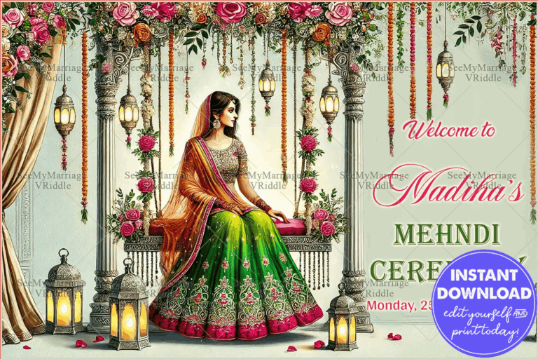 Traditional Mehndi Ceremony Welcome Banner with Stunning Vibrant Florals and Bride Illustration