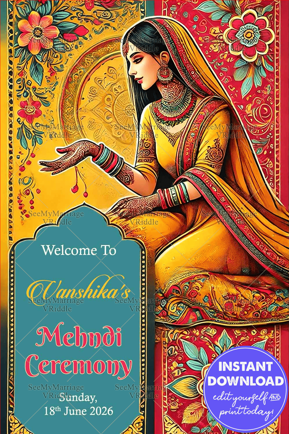 Traditional Mehndi Ceremony Welcome Banner with Vibrant Floral Motifs and an Elegant Bride Illustration
