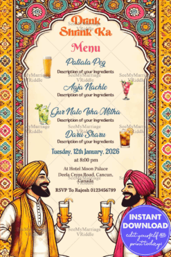 Traditional Punjabi-Themed Drink Menu with Vibrant Floral Borders and Playful Illustrations