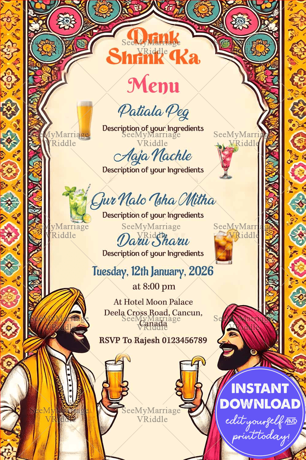 Traditional Punjabi-Themed Drink Menu with Vibrant Floral Borders and Playful Illustrations