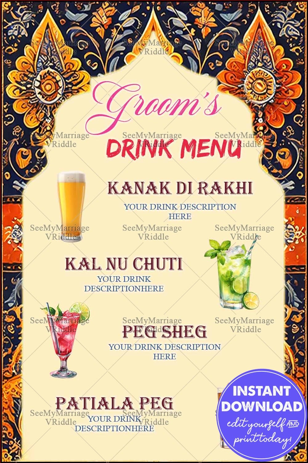 Traditional Punjabi-Themed Groom’s Drink Menu with Ornate Patterns and Creative Cocktail Names