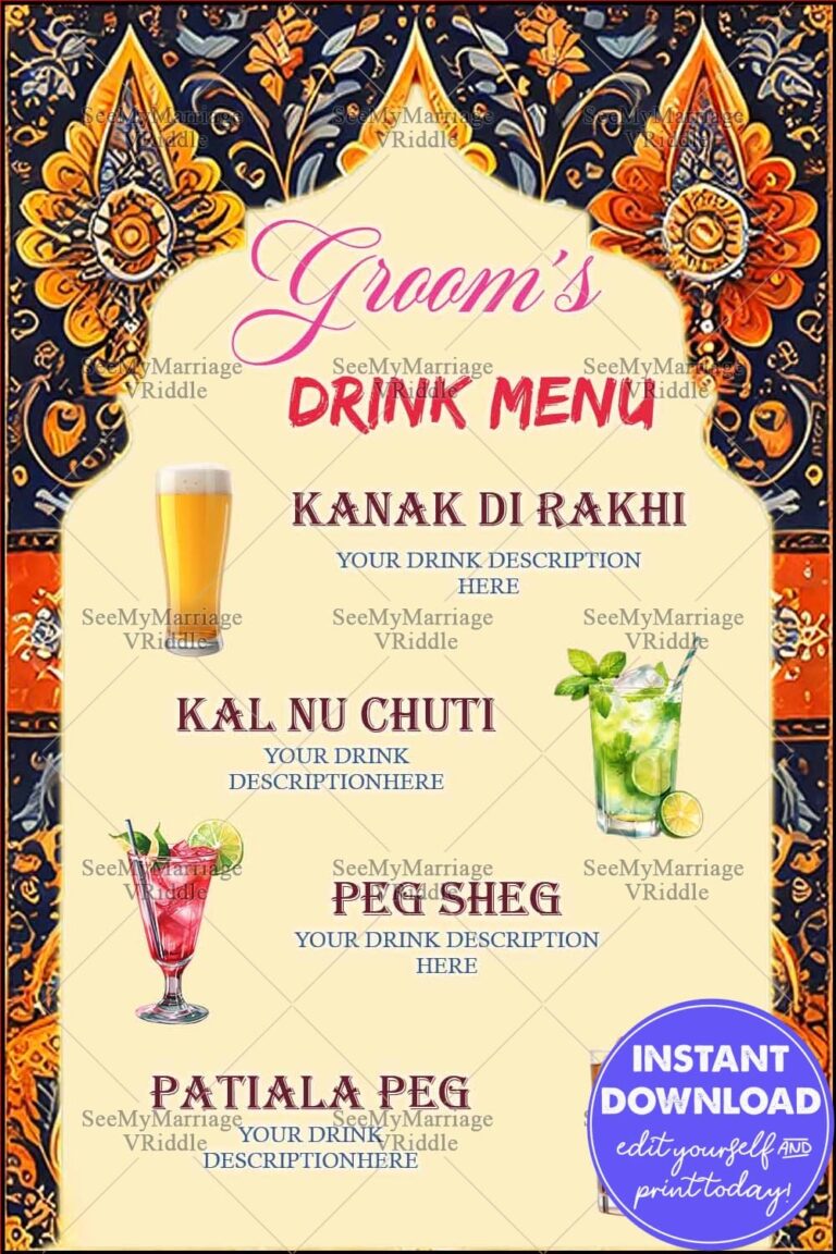 Traditional Punjabi-Themed Groom’s Drink Menu with Ornate Patterns and Creative Cocktail Names
