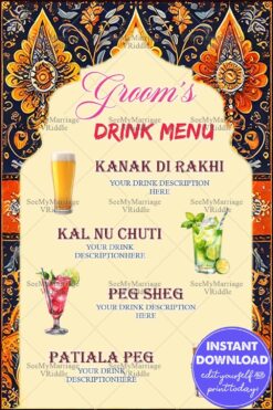 Traditional Punjabi-Themed Groom’s Drink Menu with Ornate Patterns and Creative Cocktail Names
