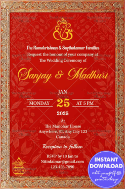 Traditional Red and Gold Wedding Invitation with Ganesh Symbol and Ornate Floral Border for Elegant Celebrations