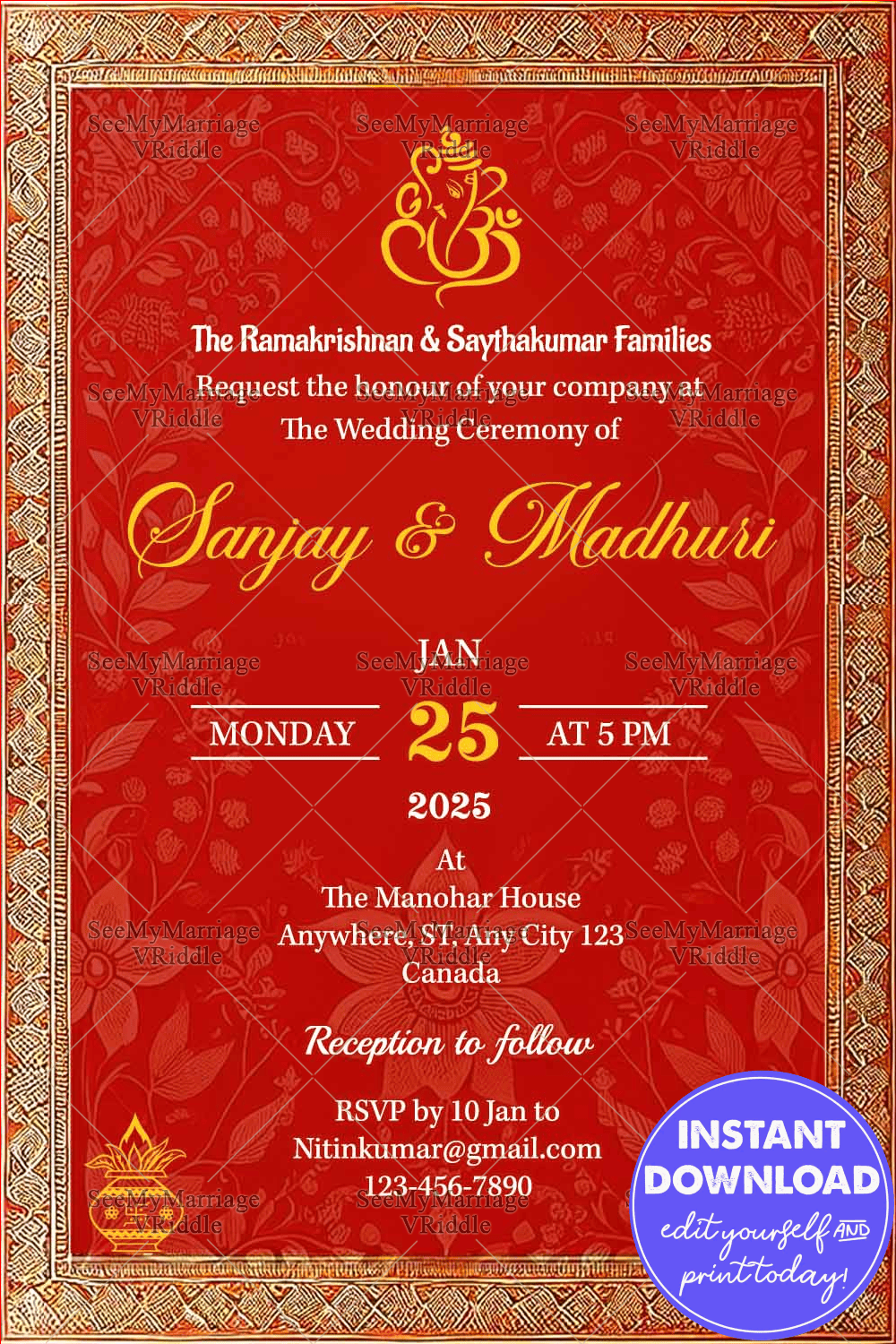 Traditional Red and Gold Wedding Invitation with Ganesh Symbol and Ornate Floral Border for Elegant Celebrations