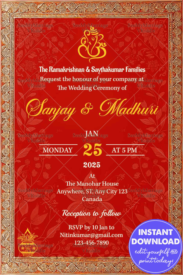 Traditional Red and Gold Wedding Invitation with Ganesh Symbol and Ornate Floral Border for Elegant Celebrations