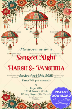 Traditional Sangeet Night Invitation with Vibrant Floral Borders and Ornate Umbrella Illustrations