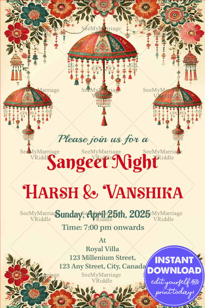 Traditional Sangeet Night Invitation with Vibrant Floral Borders and Ornate Umbrella Illustrations
