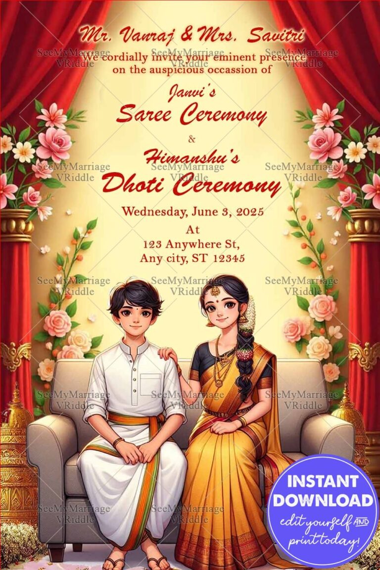 Traditional Saree and Dhoti Ceremony Invitation with Vibrant  Floral Motifs and Couple Illustration
