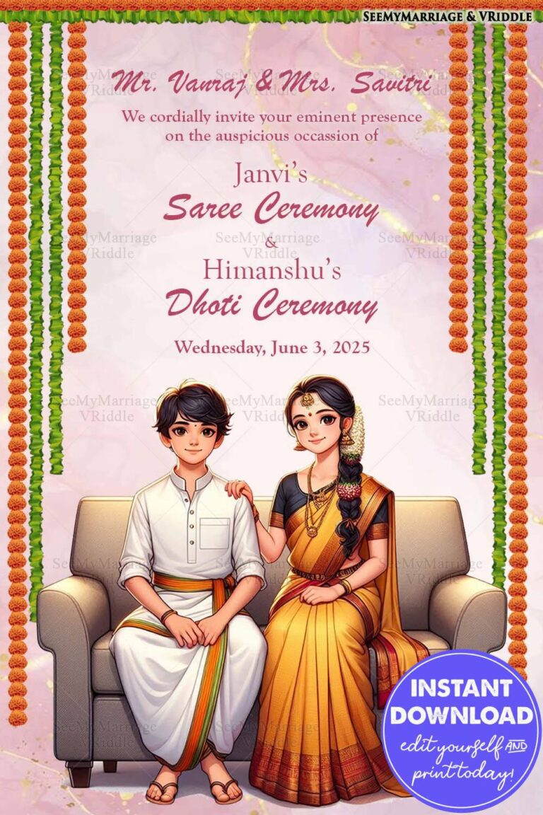Traditional South Indian Half Saree and Dhoti Ceremony Invitation with Vibrant Marigold Garlands and Couple Illustration