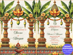 Traditional South Indian Wedding Invitation with Floral Pillars, Banana Leaves, and a Lotus Motif