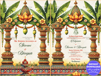 Traditional South Indian Wedding Invitation with Floral Pillars, Banana Leaves, and a Lotus Motif