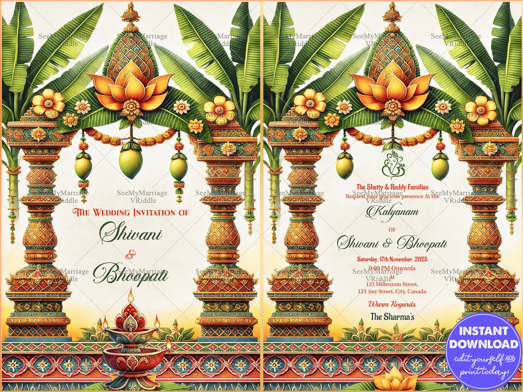 Traditional South Indian Wedding Invitation with Floral Pillars, Banana Leaves, and a Lotus Motif