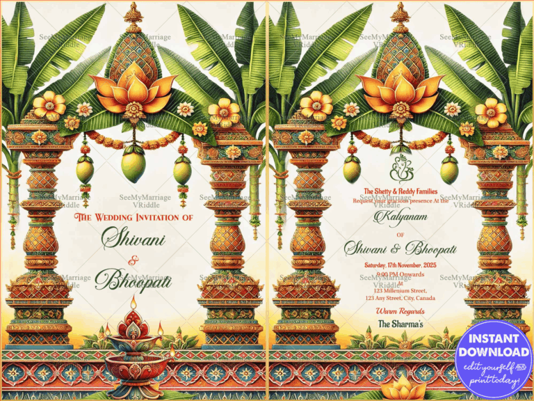 Traditional South Indian Wedding Invitation with Floral Pillars, Banana Leaves, and a Lotus Motif