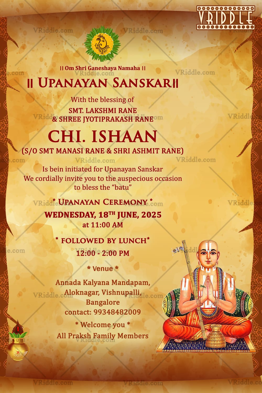 Traditional Upanayan Invitation Card Featuring Priest Illustration With Warm Orange Design