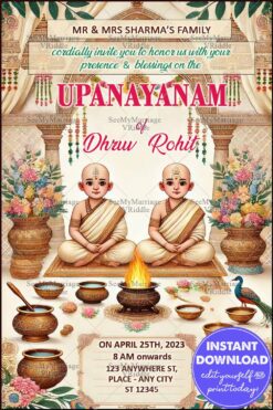 Traditional Upanayanam Invitation with Ritual Illustration and Floral Decor in Warm Tones