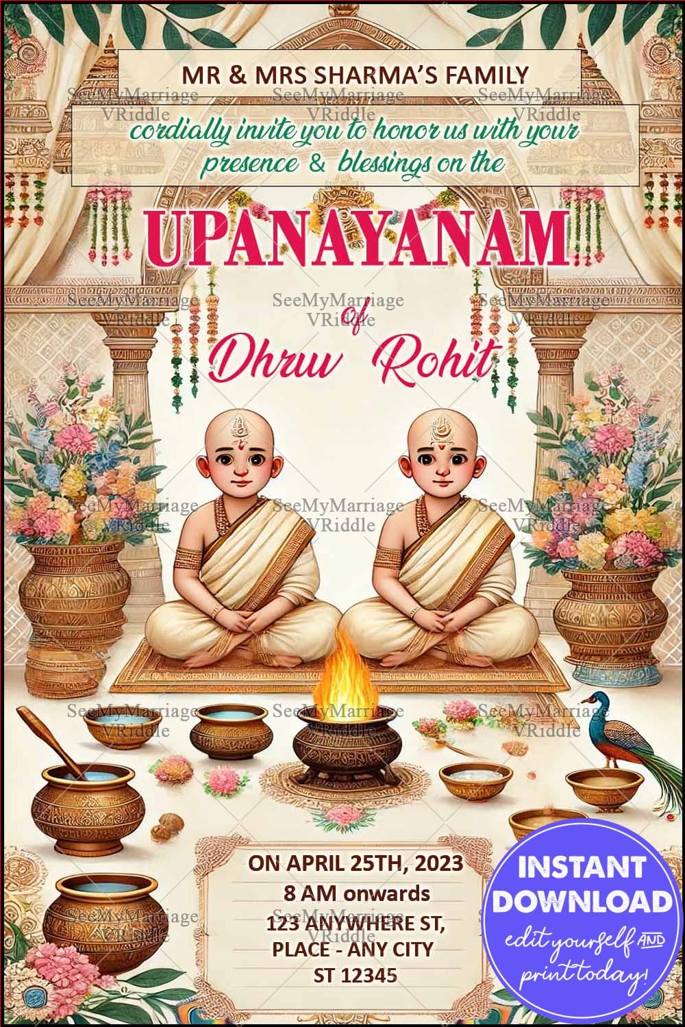 Traditional Upanayanam Invitation with Ritual Illustration and Floral Decor in Warm Tones