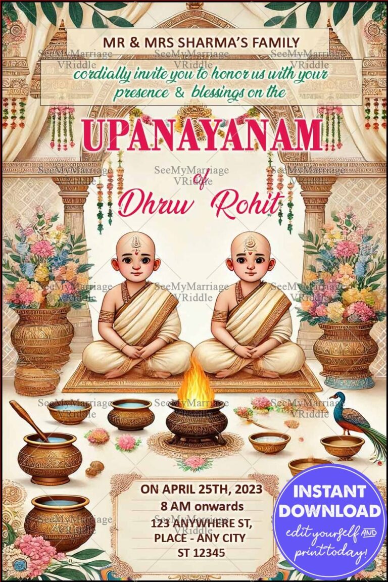 Traditional Upanayanam Invitation with Ritual Illustration and Floral Decor in Warm Tones