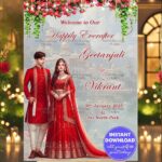 Traditional Wedding Invitation Banner with Rose Garlands and Couple Illustration in Vibrant Red Attire