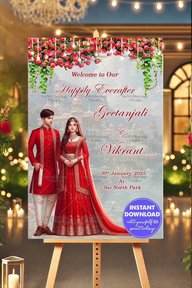 Traditional Wedding Invitation Banner with Rose Garlands and Couple Illustration in Vibrant Red Attire