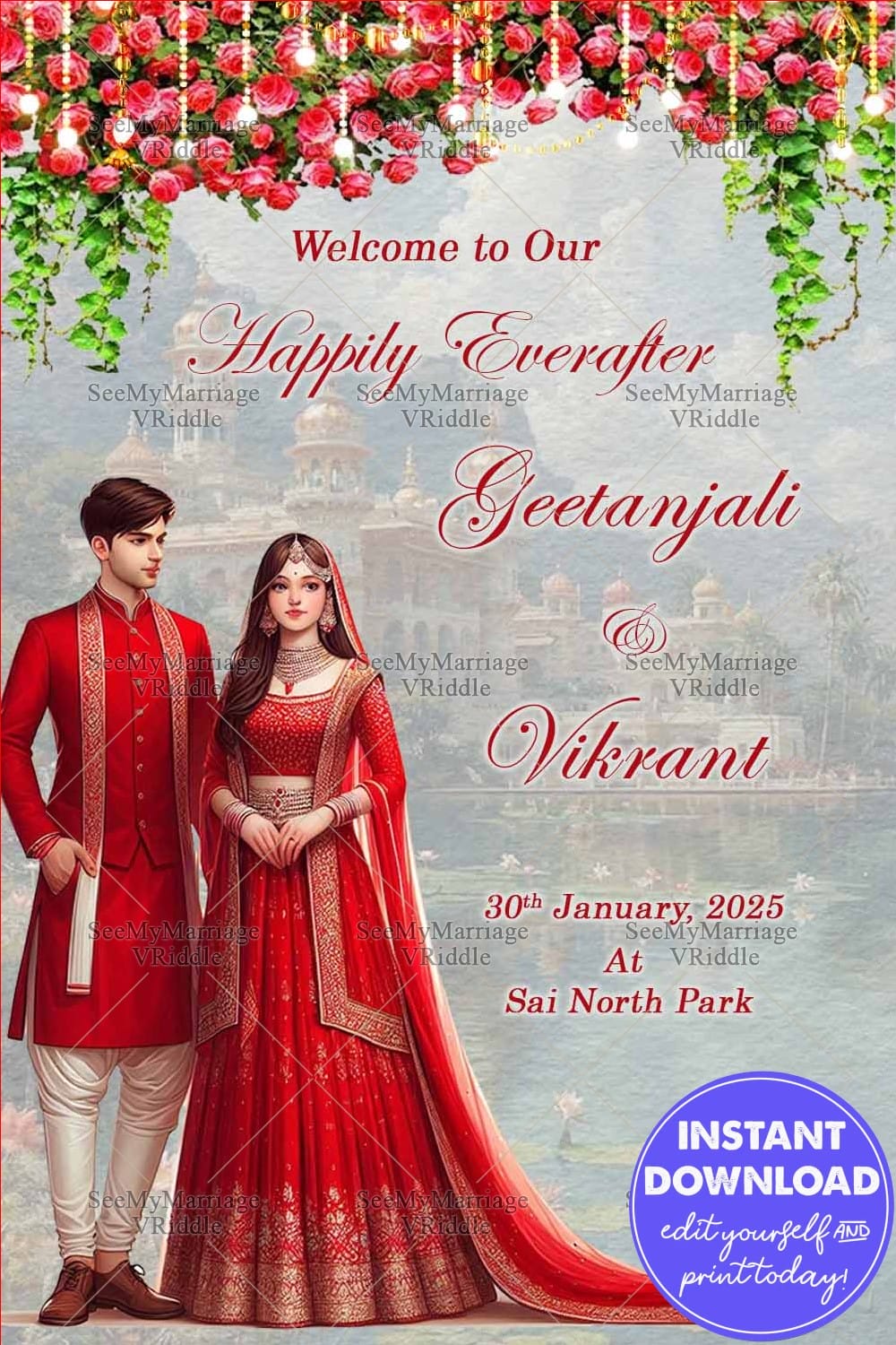 Traditional Wedding Invitation Banner with Rose Garlands and Couple Illustration in Vibrant Red Attire