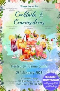 Tropical Cocktails & Conversations Invitation with Hibiscus, Pineapple, and Watercolor Green Backdrop