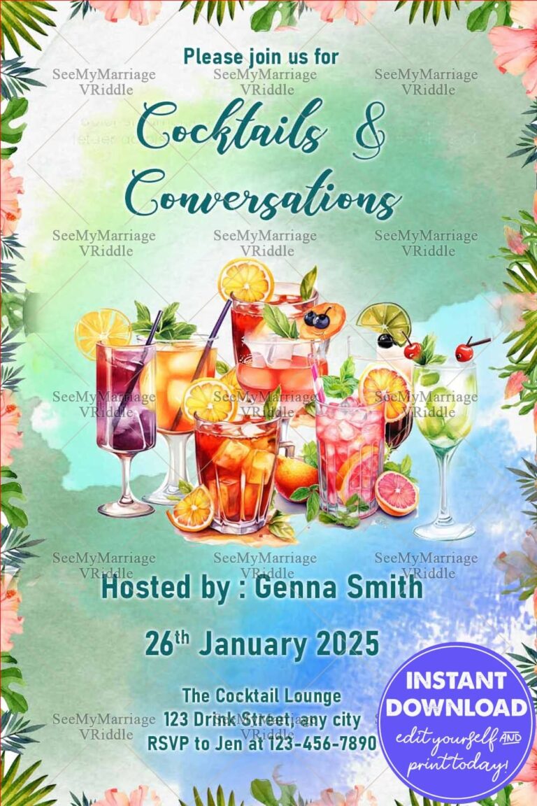 Tropical Cocktails & Conversations Invitation with Hibiscus, Pineapple, and Watercolor Green Backdrop
