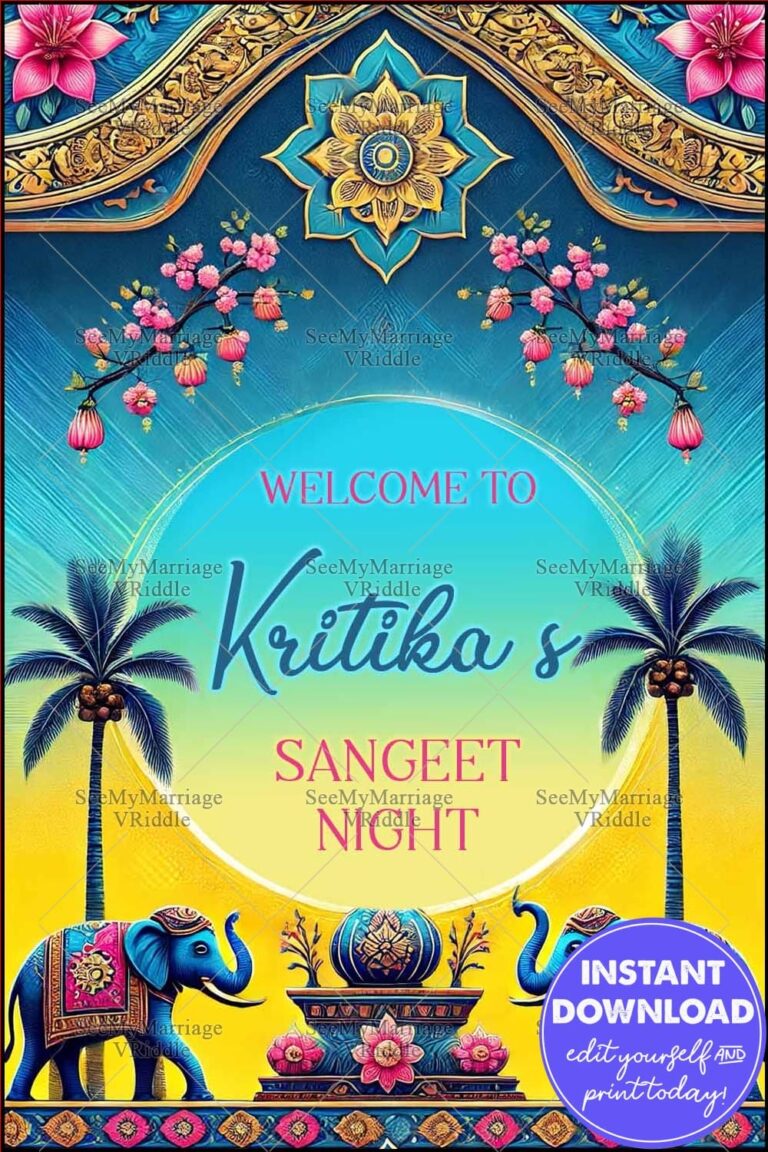 Tropical-Themed Sangeet Night Invitation with Vibrant Colors, Palms, Elephants, and Floral Accents