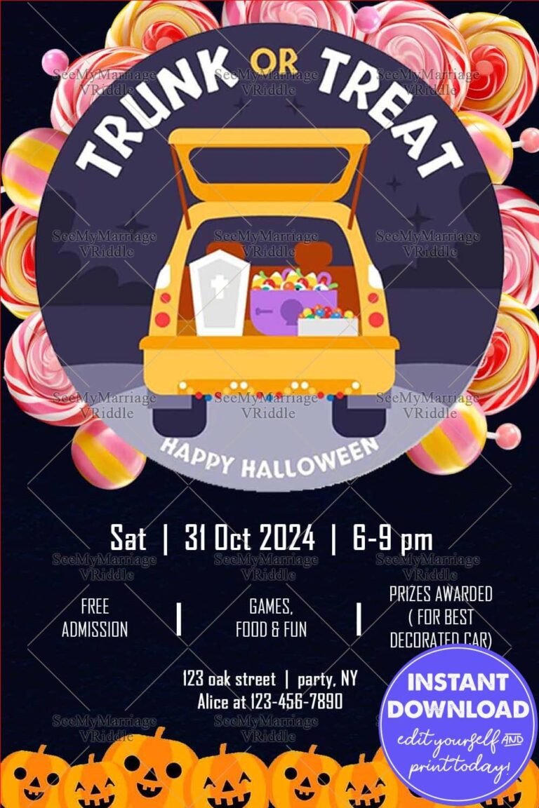Trunk or Treat Halloween Event Invitation Poster with Candies and Pumpkin Border