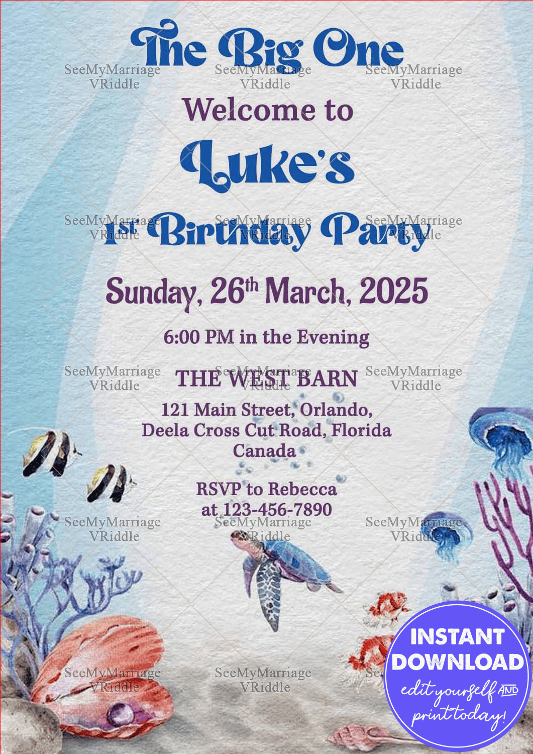 Underwater-Themed 1st Birthday Invitation with Ocean Animals and Sea-Life Illustrations