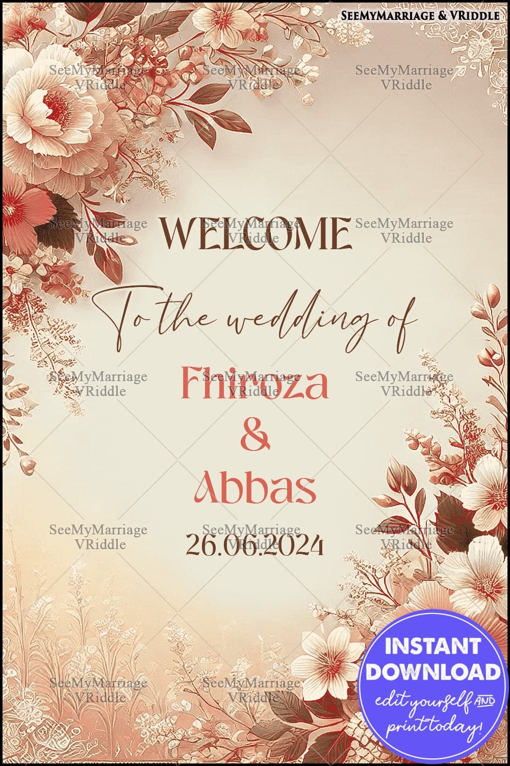 Rustic Floral Wedding Welcome Banner with Soft Beige Background and Elegant Red and White Blooms