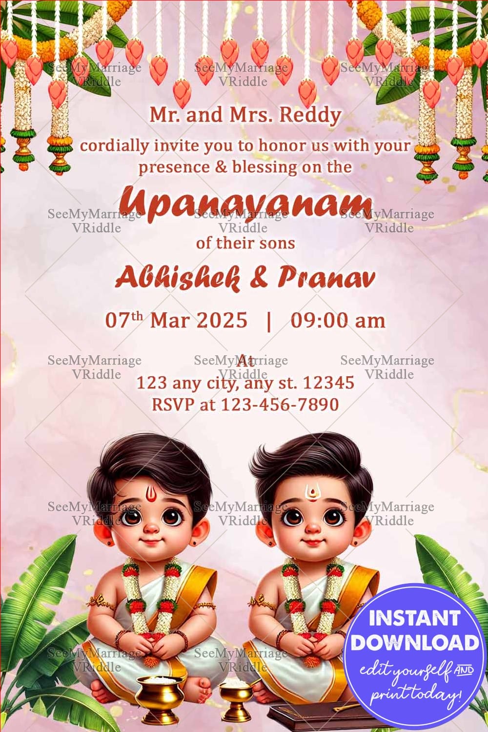 Upanayanam Ceremony Invitation with Adorable Twins Illustration, Floral Garlands, and Gold Accents