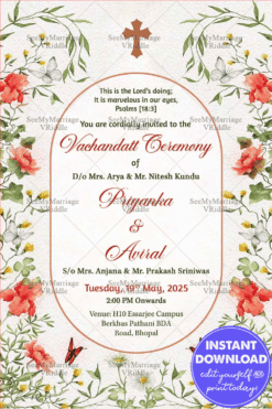 Vachandatt Ceremony Invitation Featuring Pastel Florals, Butterfly Accents, and a Spiritual Cross Motif