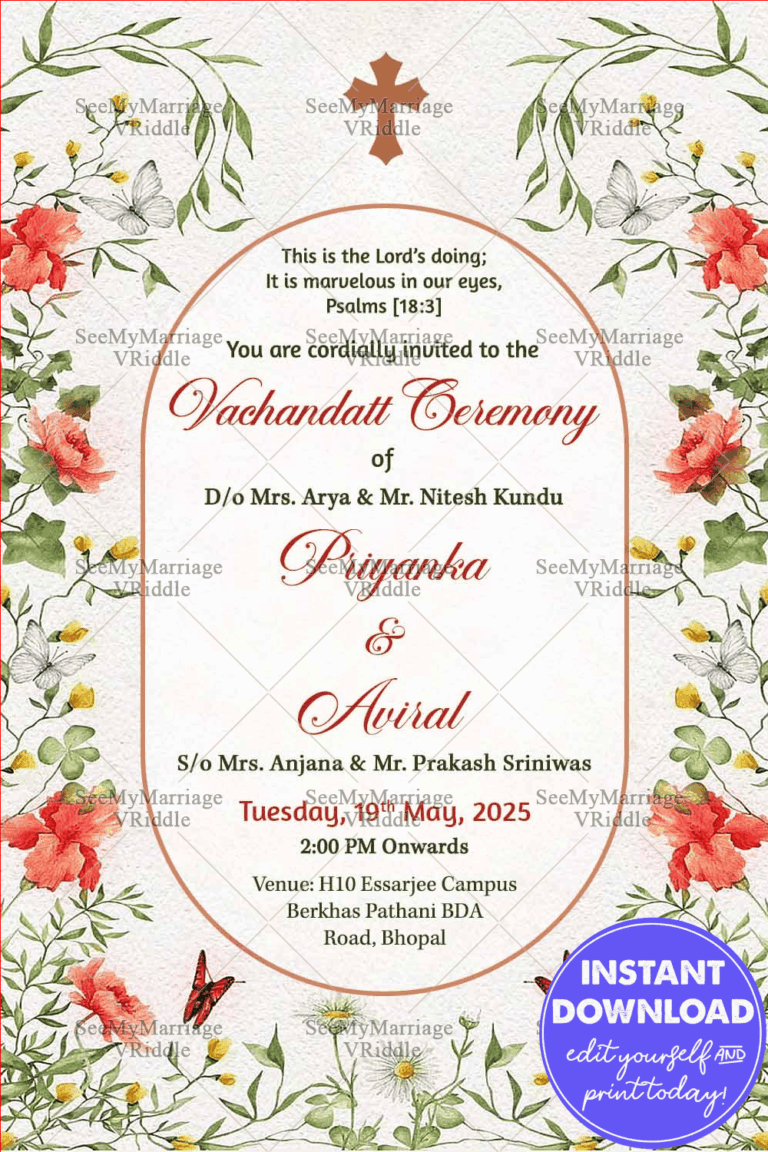 Vachandatt Ceremony Invitation Featuring Pastel Florals, Butterfly Accents, and a Spiritual Cross Motif