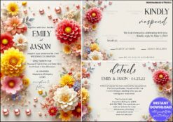 Vibrant Dahlia-Themed Wedding Invitation Suite Featuring RSVP and Details Card