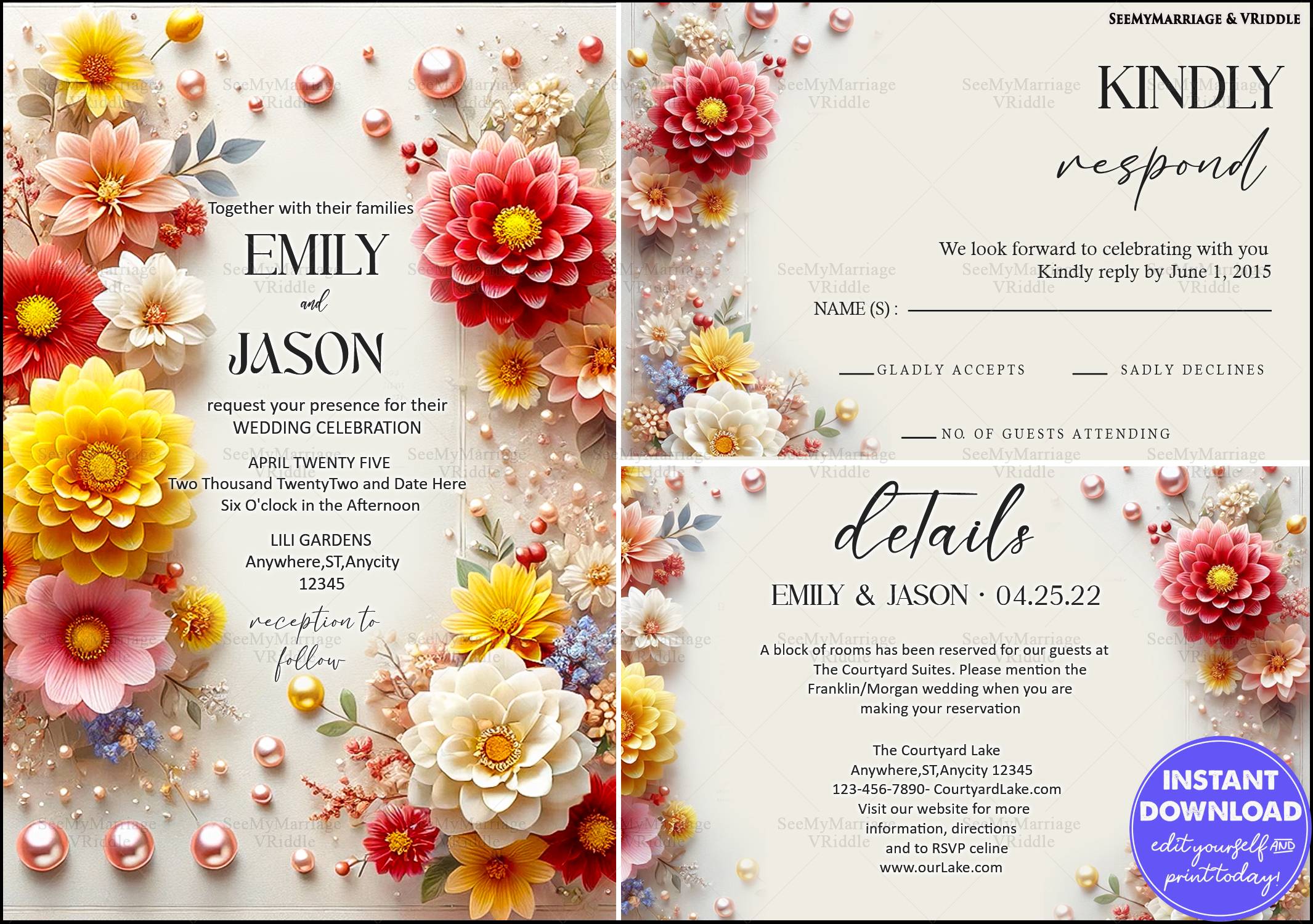 Vibrant Dahlia-Themed Wedding Invitation Suite Featuring RSVP and Details Card