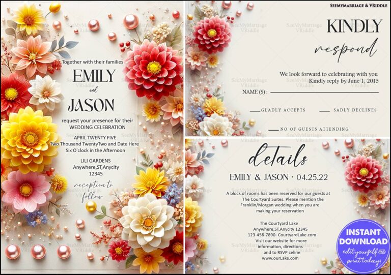 Vibrant Dahlia-Themed Wedding Invitation Suite Featuring RSVP and Details Card