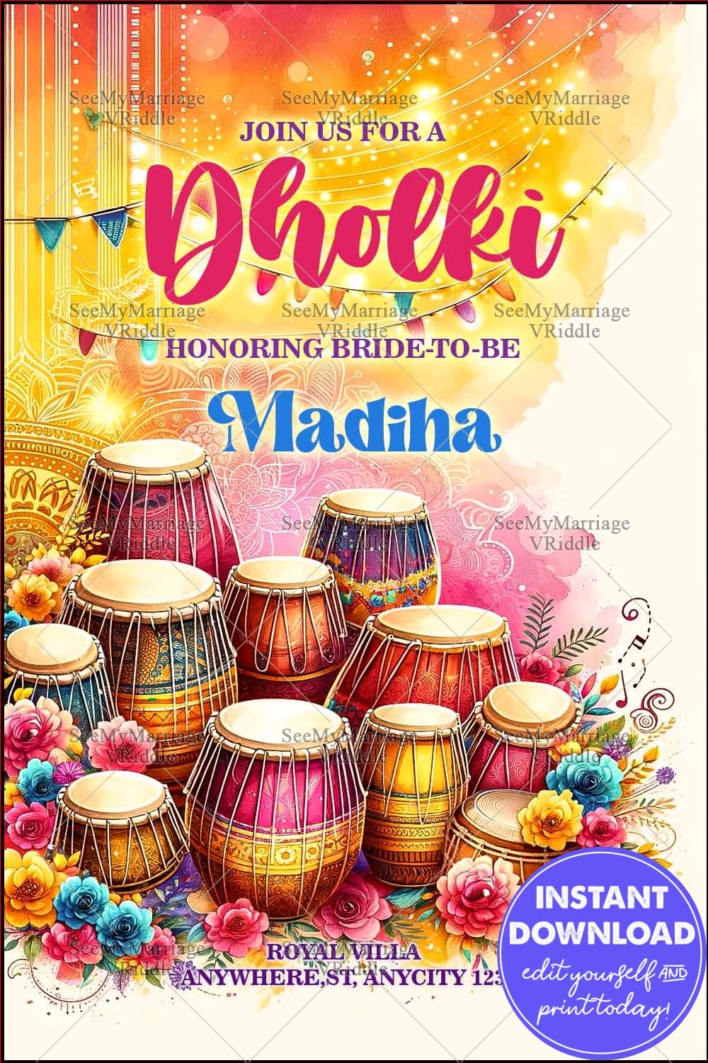 Vibrant Dholki Invitation with Colorful Dhols, Floral Motifs, and Festive Decorations